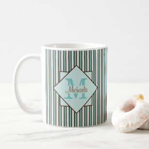 Chocolatebraun und Minzgrün gestreifte Monogramm Kaffeetasse