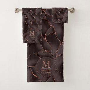 Chocolatebraun- und Roségold abstraktes Wellenmust Badhandtuch Set