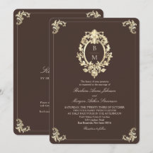 Chocolatebraune Gold Barock Monogramm QR Hochzeit