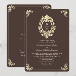 Chocolatebraune Gold Barock Monogramm QR Hochzeit Einladung