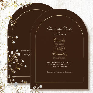 Chocolatebraune Goldbogen Save-the-Date-Hochzeit Einladung