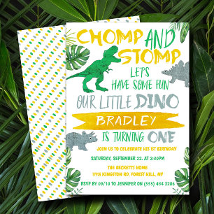 Chomp & Stomp! Dinosaur Boys 1. Geburtstag Einladung