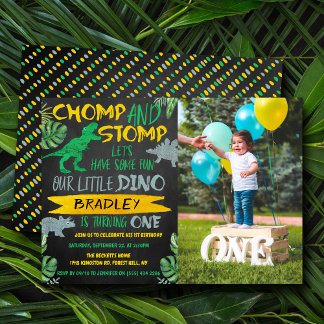 Chomp & Stomp! Dinosaur Boys 1. Geburtstags-Foto Einladung