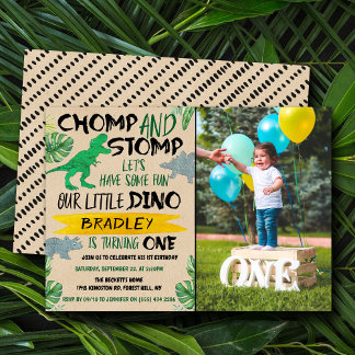 Chomp & Stomp! Dinosaur Boys 1. Geburtstags-Foto Einladung