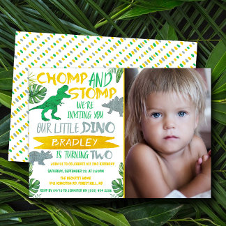 Chomp & Stomp! Dinosaurier Boys 2. Geburtstags-Fot Einladung