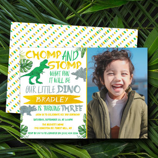 Chomp & Stomp! Dinosaurier Boys 3. Geburtstags-Fot Einladung