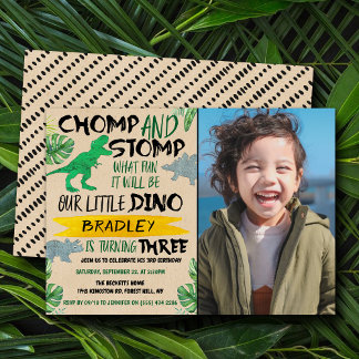 Chomp & Stomp! Dinosaurier Boys 3. Geburtstags-Fot Einladung