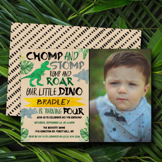 Chomp & Stomp! Dinosaurier Boys 4. Geburtstags-Fot Einladung
