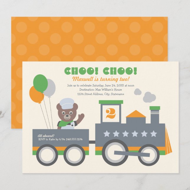 Choo Choo Train Orange Bärenleiter Geburtstag Einladung (Vorne/Hinten)