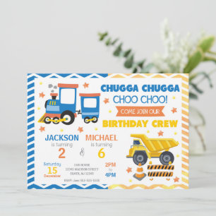 Choo Choo Zug & Bauwesen Gemeinsamer Geburtstag Einladung