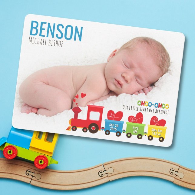 Choo-Zug Geburtskarte Einladung (Adorable train-themed birth announcement with photo slots and heartfelt charm.)