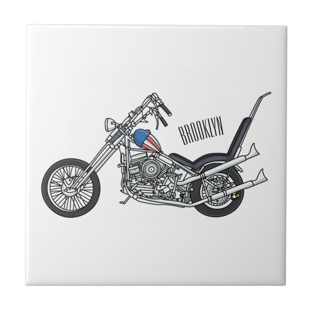 Chopper Motorrad 1950 Cartoon Abbildung Fliese (Vorderseite)