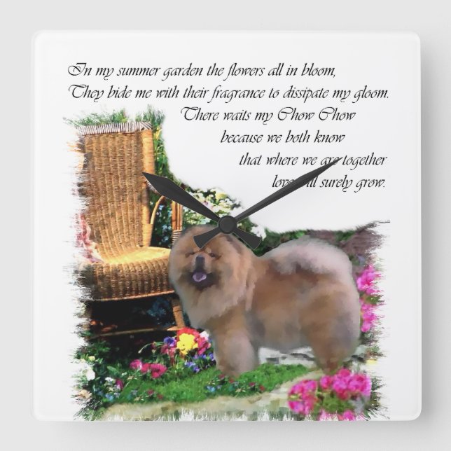 Chow Chow Art Summer Garden Quadratische Wanduhr (Vorderseite)