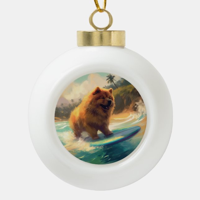 Chow Chow Beach Surfen Malerei Keramik Kugel-Ornament (Vorderseite)