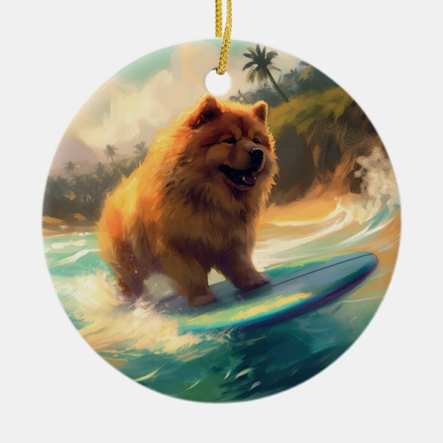 Chow Chow Beach Surfen Malerei Keramik Ornament (Vorne)