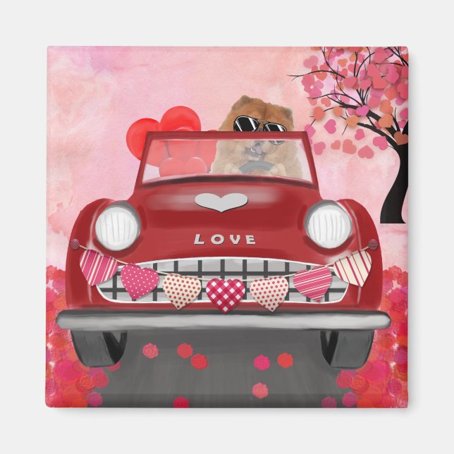 Chow Chow Chow Dog Driving Car mit Herz Valentin Magnet (Vorne)