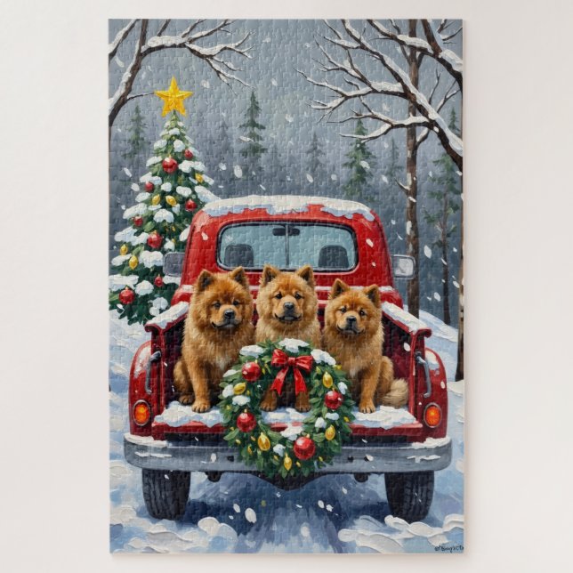 Chow Chow Christmas Red Truck Holiday Puzzle (Vertikal)