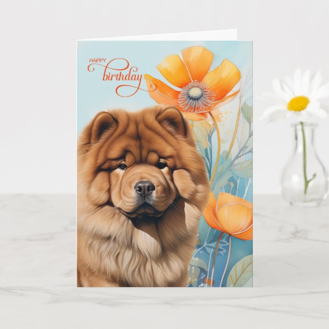 Chow Chow Dog in an Orange Poppy Garden Birthday Karte (Kleine Pflanze)