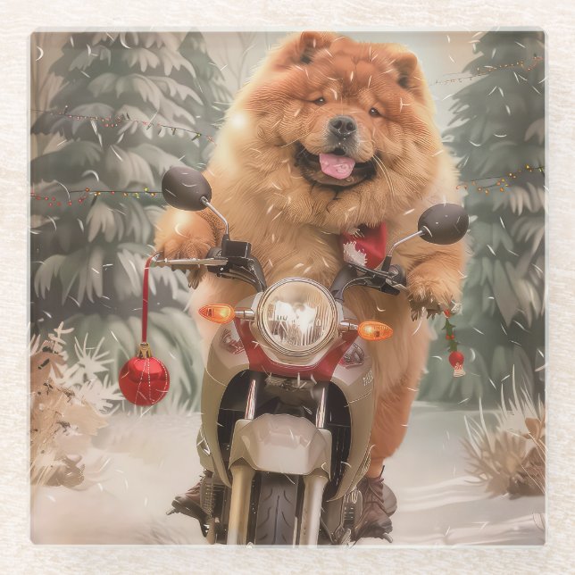 Chow Chow Dog Reiten Motorrad Weihnachten Glasuntersetzer (Vorderseite)
