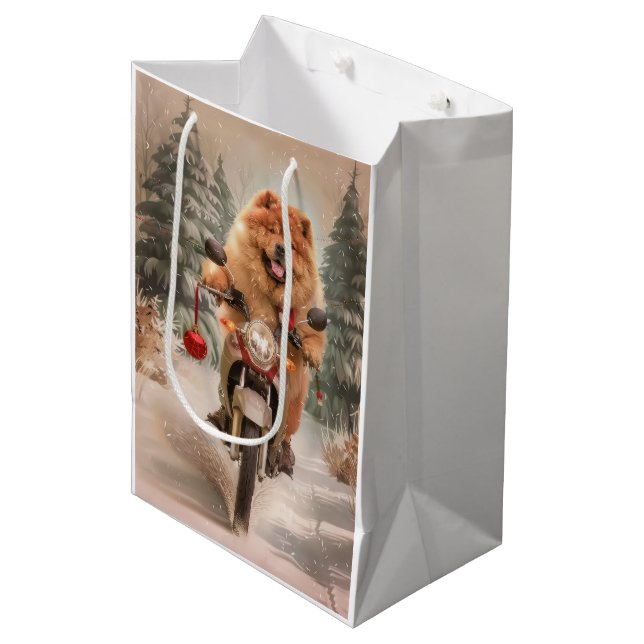 Chow Chow Dog Reiten Motorrad Weihnachten Mittlere Geschenktüte (Vorderseite Schrägansicht)