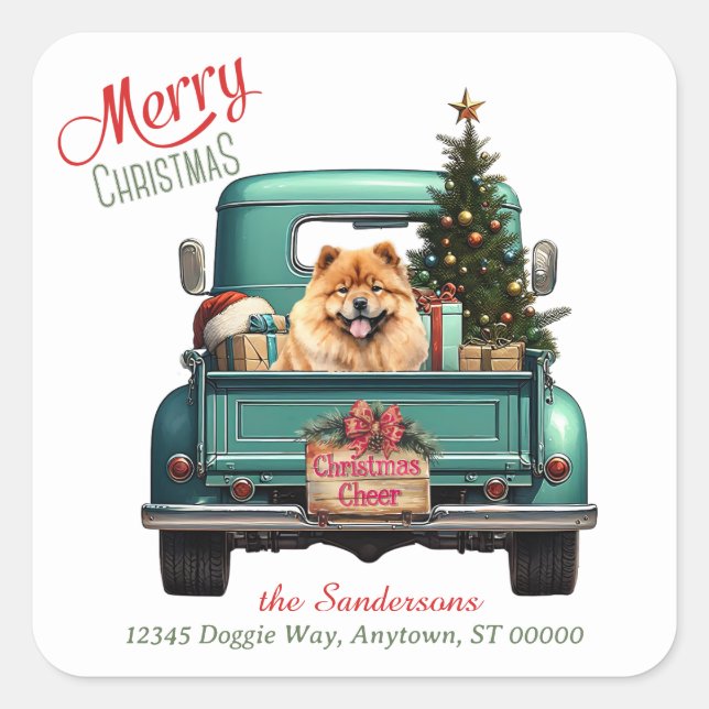 Chow Chow Dog Retro Truck Weihnachten Quadratischer Aufkleber (Vorderseite)