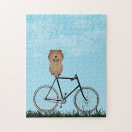 Chow Chow Dog Sitzen auf Vintagem Fahrrad Puzzle