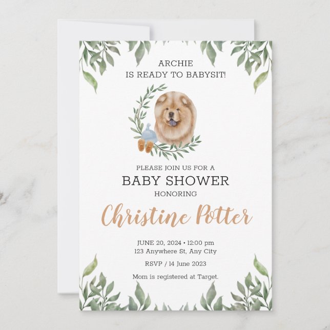 Chow Chow Dog Welpe Greenery Boho Baby Shower Einladung (Vorderseite)