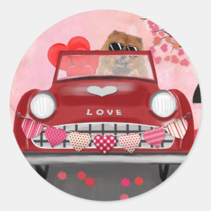 Chow Chow Hund fährt Auto mit Herzen Valentinstag Runder Aufkleber