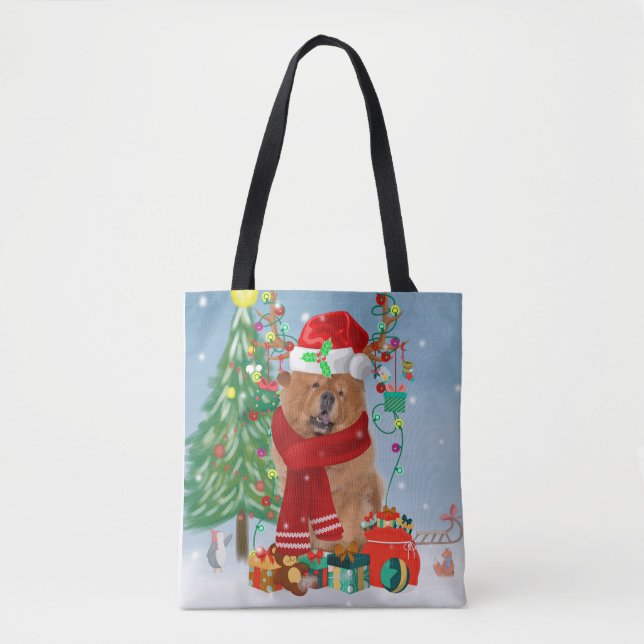 Chow Chow Hund im Schnee mit Weihnachtsgeschenke (Vorderseite)