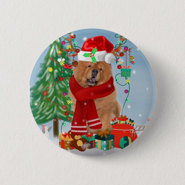 Chow Chow Hund im Schnee mit Weihnachtsgeschenke Button (Vorderseite)