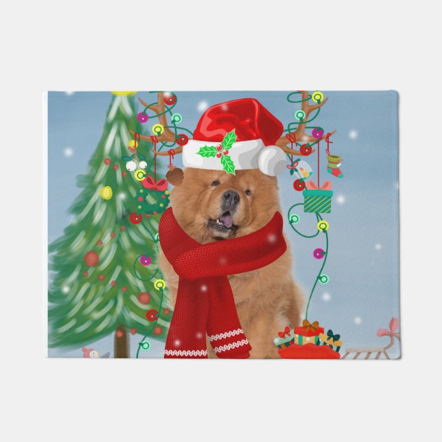 Chow Chow Hund im Schnee mit Weihnachtsgeschenke Fußmatte (Vorderseite)