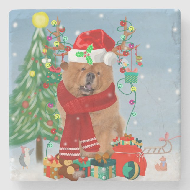 Chow Chow Hund im Schnee mit Weihnachtsgeschenke Steinuntersetzer (Vorderseite)