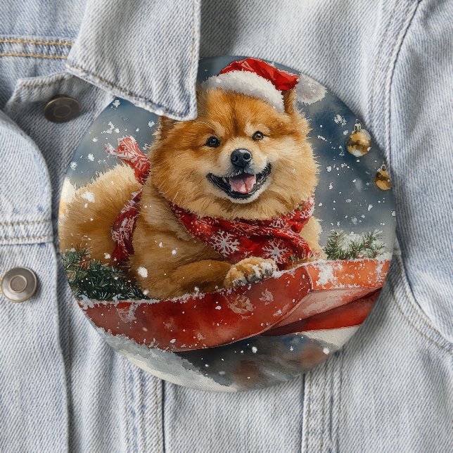 Chow Chow Hund in Sledge Lass es Schnee Weihnachte Button (Beispiel)