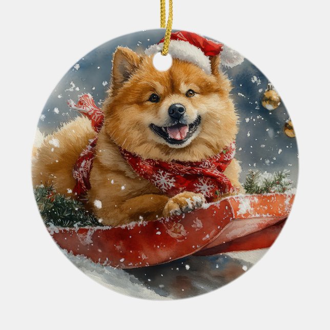 Chow Chow Hund in Sledge Lass es Schnee Weihnachte Keramik Ornament (Vorne)