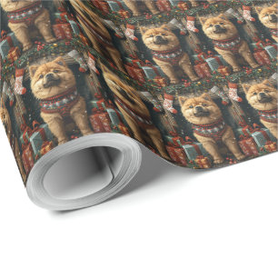 Chow Chow Hund mit Weihnachtsgeschenke Feuerplatz Geschenkpapier