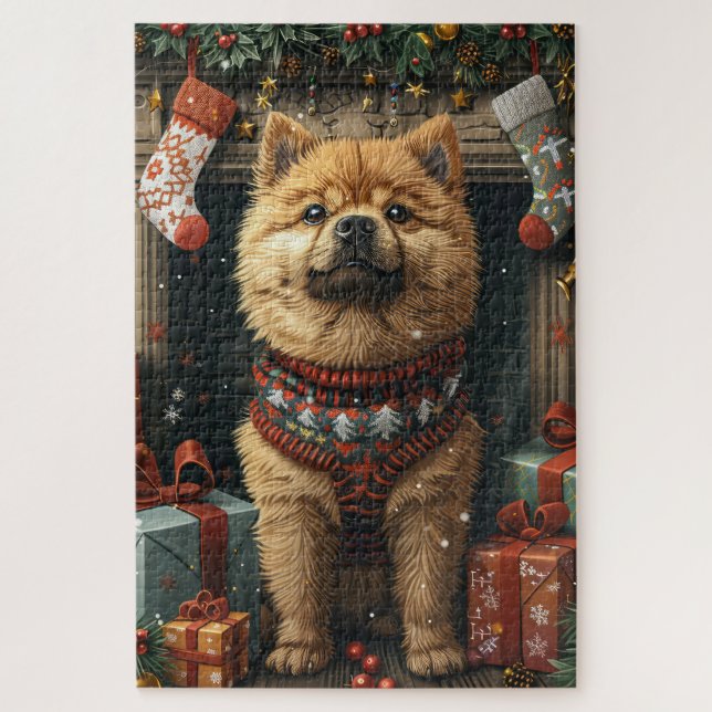 Chow Chow Hund mit Weihnachtsgeschenke Feuerplatz Puzzle (Vertikal)