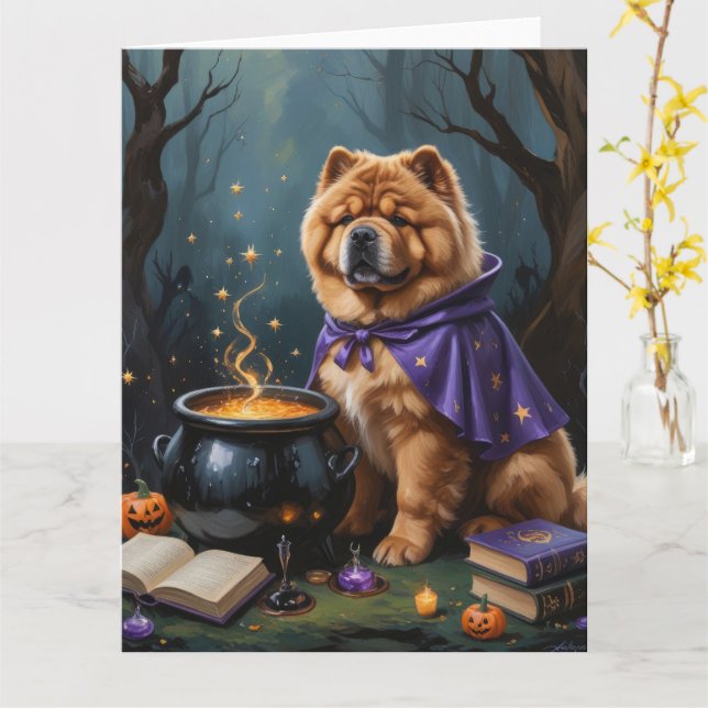 Chow Chow Hund Whimsical Halloween Malerei Karte (Gelbe Blume)