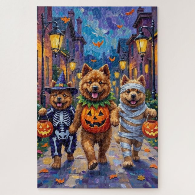 Chow-Chow-Hunde beim Trick-or-Treat Halloween-Kost Puzzle (Vertikal)