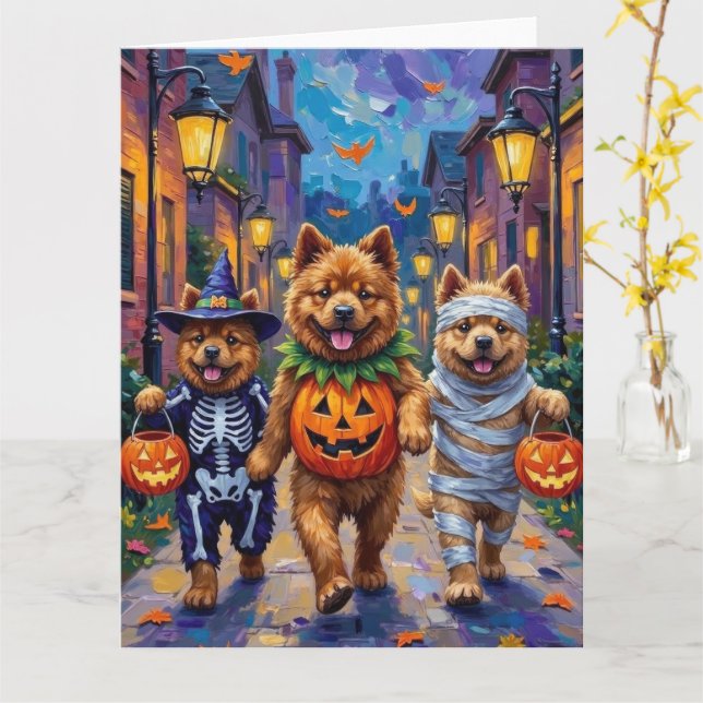 Chow Chow Hunde Trick-oder-Treating Halloween-Kost Karte (Gelbe Blume)