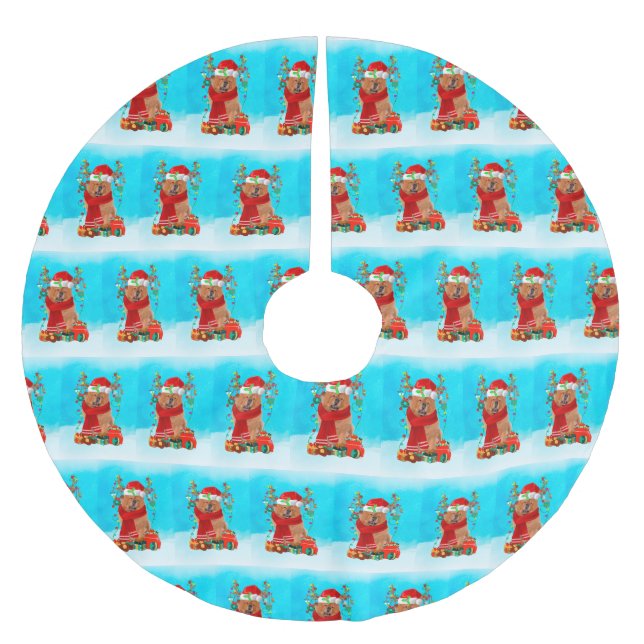 Chow Chow im Schnee mit Weihnachtsgeschenke Polyester Weihnachtsbaumdecke (Vorderseite)