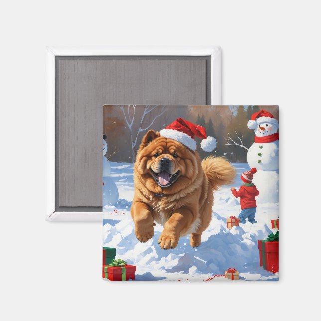 Chow Chow läuft im Schnee mit Weihnachtsmütze Magnet (Vorderseite/Rückseite)