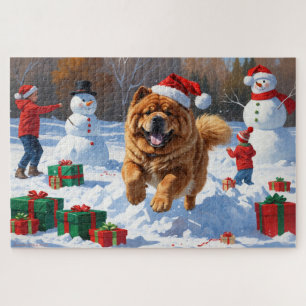 Chow Chow läuft im Schnee mit Weihnachtsmütze Puzzle