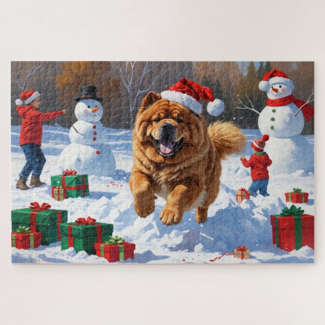 Chow Chow läuft im Schnee mit Weihnachtsmütze Puzzle (Horizontal)