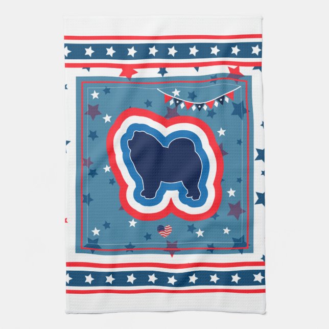 Chow Chow Patriotic rot weiß und blau 4. Juli Geschirrtuch (Vertikal)