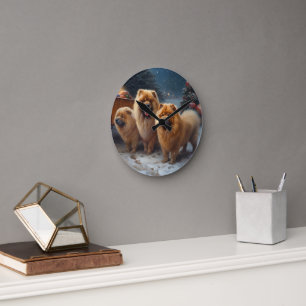 Chow Chow Schnee-Schlitten-Weihnachtsdekoration Runde Wanduhr