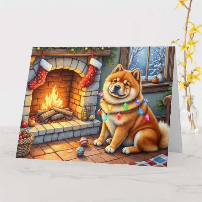 Chow Chow Sitting Fireplace with Christmas Lights Karte (Gelbe Blume)