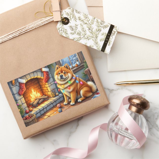 Chow Chow Sitting Fireplace with Christmas Lights Rechteckiger Aufkleber (Schenken)