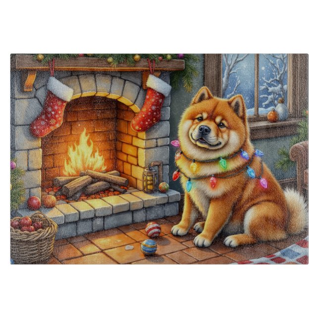 Chow Chow Sitting Fireplace with Christmas Lights Schneidebrett (Vorderseite)