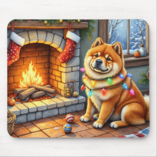 Chow Chow sitzt vor dem Kamin mit Weihnachtslichte Mousepad
