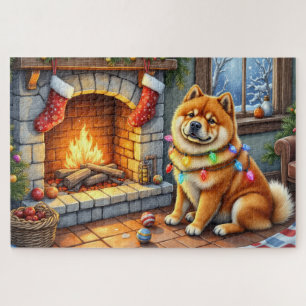 Chow Chow sitzt vor dem Kamin mit Weihnachtslichte Puzzle